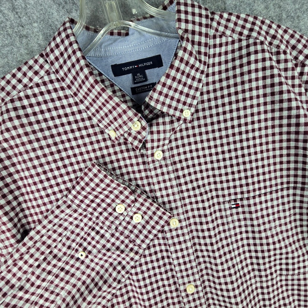 Tommy Hilfiger Shirt Mens XL Burgundy White Gingham Custom Fit Button Down